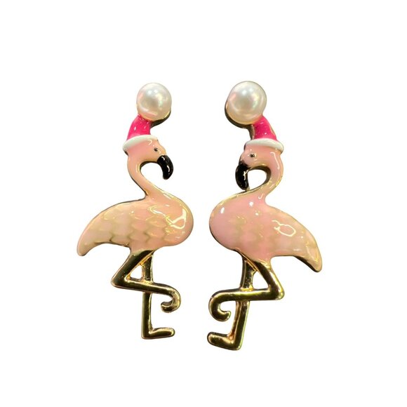 Betsey Johnson Pink Flamingo Stud Earrings Santa Hat Pearl Christmas Whimsical - Picture 1 of 11